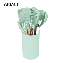 12 шт. в упаковке, Прямая продажа с фабрики деревянная ручка Силиконовая кухонная набор инструментов для приготовления еды силиконовые столовые приборы