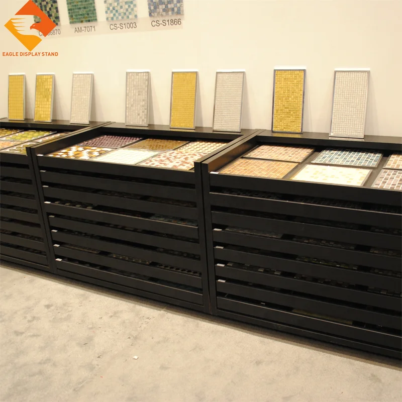 Showroom sliding display case stone tile display rack laminate flooring display drawer with rug covers
