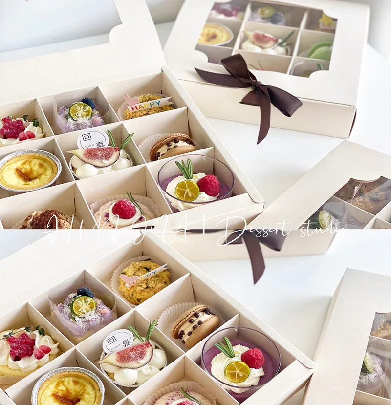 White transparent 9 hole mousse cookies baking cake boxes with ribbon for food boxes cupcake macaron packaging