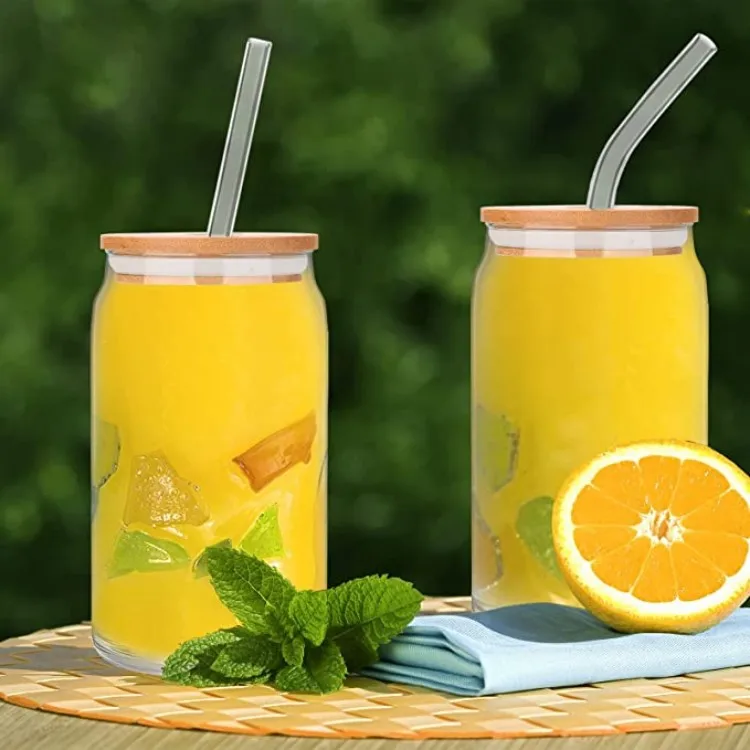 New style 16 oz beer can glass with bamboo cover and glass straw used for Ice coffee cup lovely smoothies boba tea whisky water