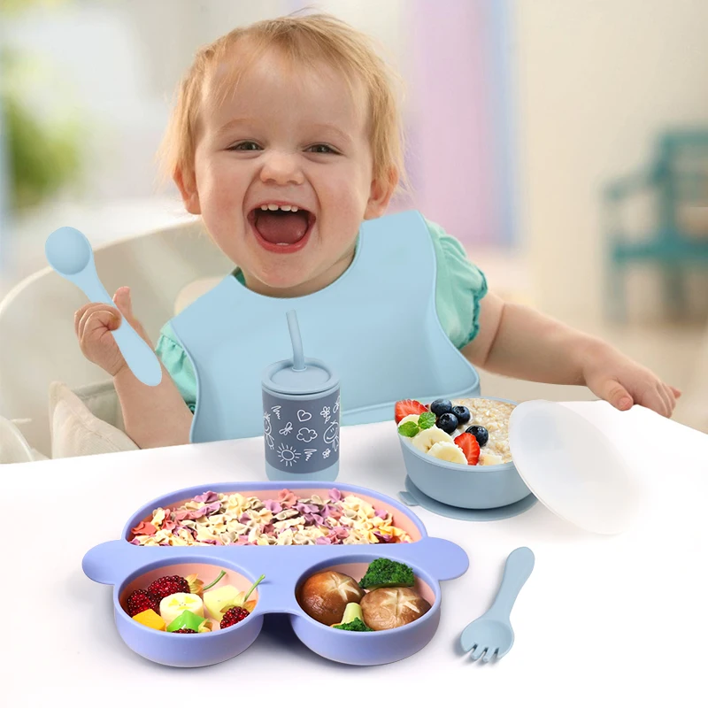 Eco-friendly Silicone New Born Baby Feeding Nursing BPA Free Dinnerware Car Plates Bib Set Kids Dining Babi Spoon And Fork Set