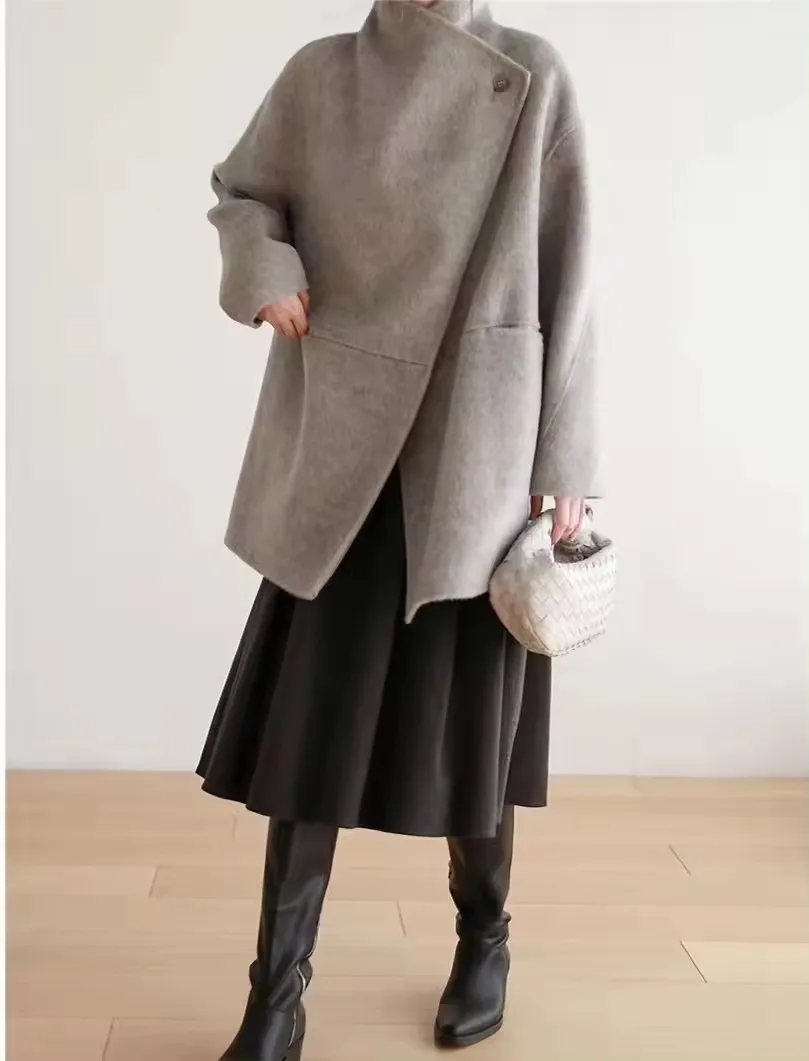 2024 Women Cashmere Long Coat Elegant Turn Down Collar Woolen Coat With Belt Open Stitch Design Winter Warm Coat Casaco Feminino