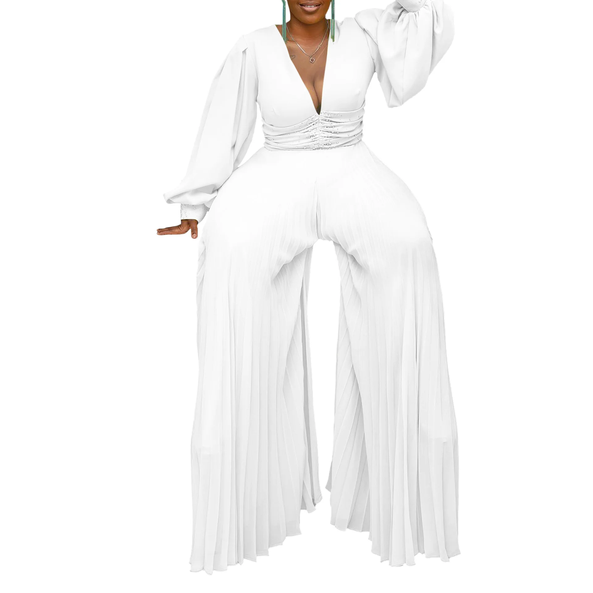Club party new arrivals plus size women clothing elegant loose wide leg jumpsuit beading elegant white pleated jumpsuit