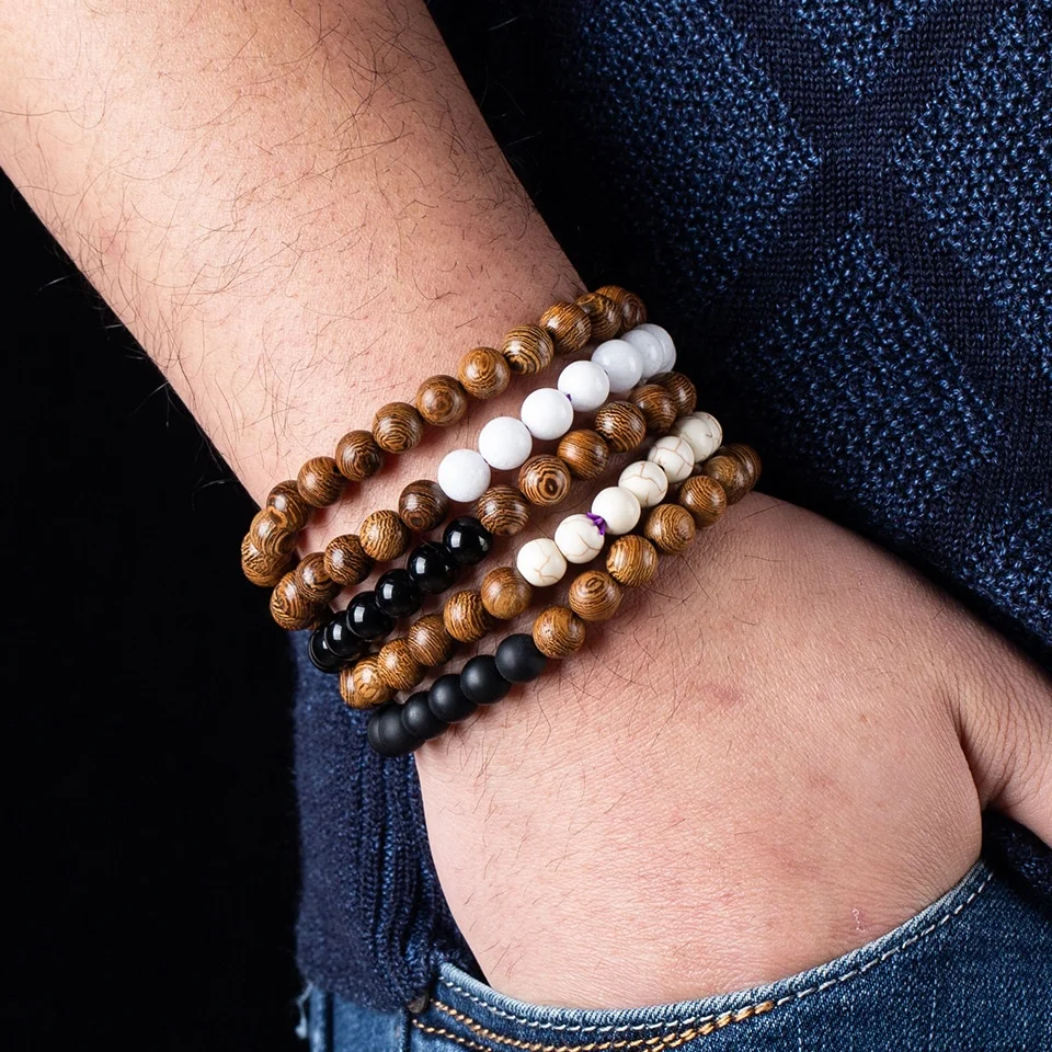 SC Hot Natural Wood Beads Bracelet Energy Hematite Yoga Bracelet Elastic Buddhist Prayer Buddha Bracelet for Women Men