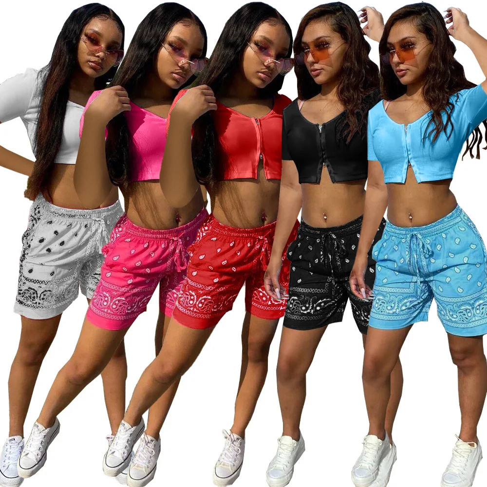 
2021 Wholesale New Arrivals Summer Casual Sexy S-XL Street Hip-hop Crop Top Short Pants Paisley Set Bandanna Outfits 