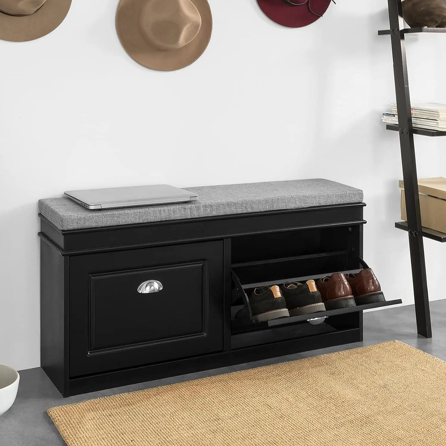 Factory wholesale Shoe Bench Shoe Rack White Shoe Cabinet Wooden Hallway Storage Bench with soft Seat Cushion and 2 Drawer