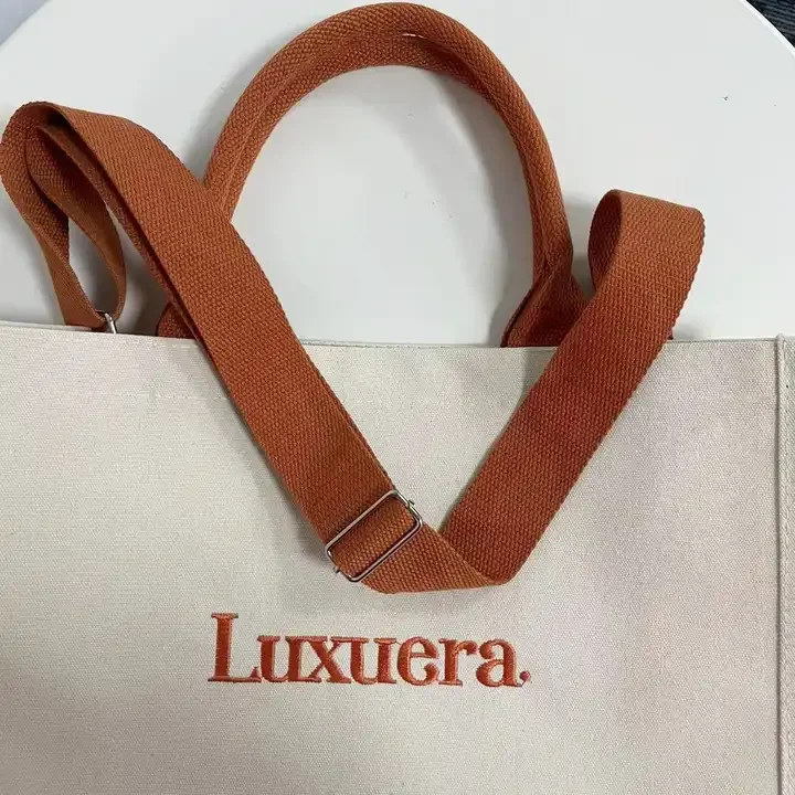 high quality durable advanced custom logo pattern canvas tote bag with embroidered shoulder strap