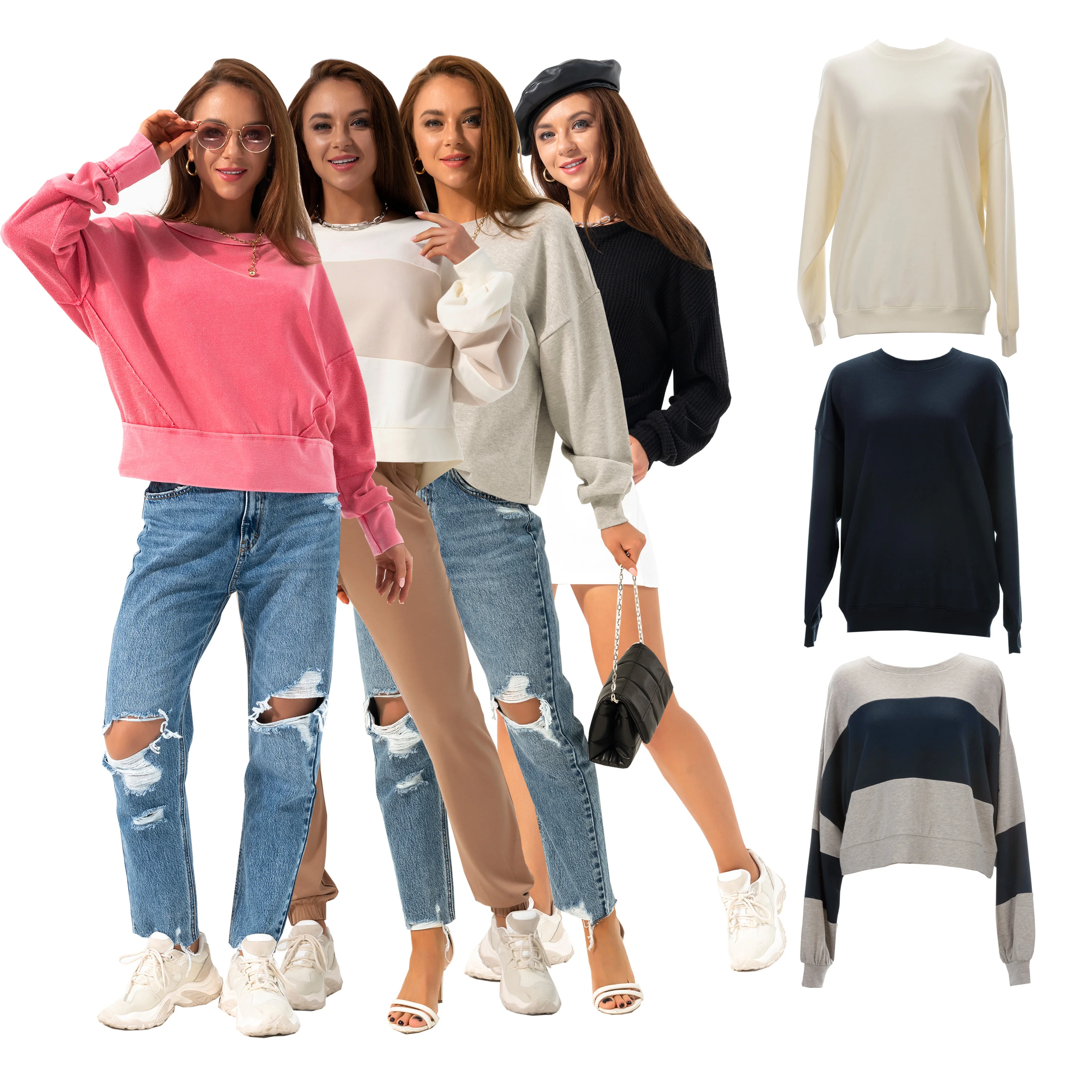 Ladies Casual Long Sleeve Cotton French Terry Crew Neck Plain Custom Women Pullover Sweatshirt