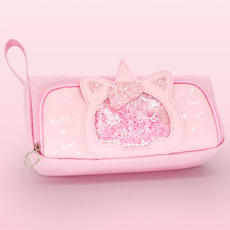 Large-capacity cartoon girl pink stationery storage bag girl pupil transparent window quicksand pencil case