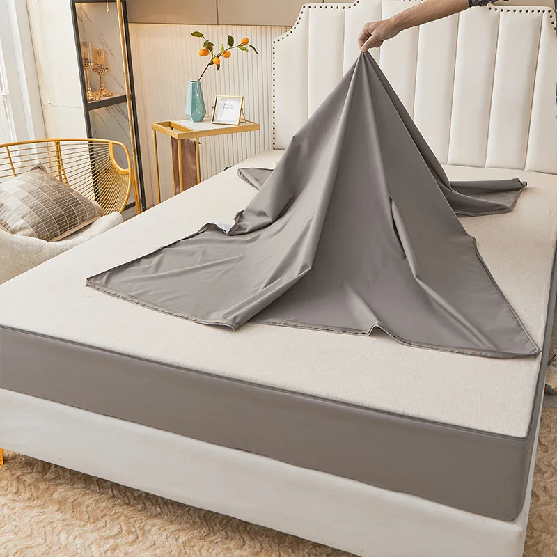 TPU Waterproof 6 sides with zipper 70 Polyester/microfiber Bedding Solid Color 100% Cotton Fitted Bed sheet For Home Hotel