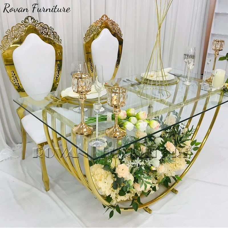 New design hot sale U-shape leg for the stainless steel  glass dining  party table  for wedding event used