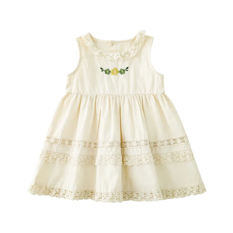 Высококачественные бежевые летние платья для маленьких девочек, Изысканная Цветочная вышивка, оптовая продажа, 100% хлопок, детское платье для девочек, одежда