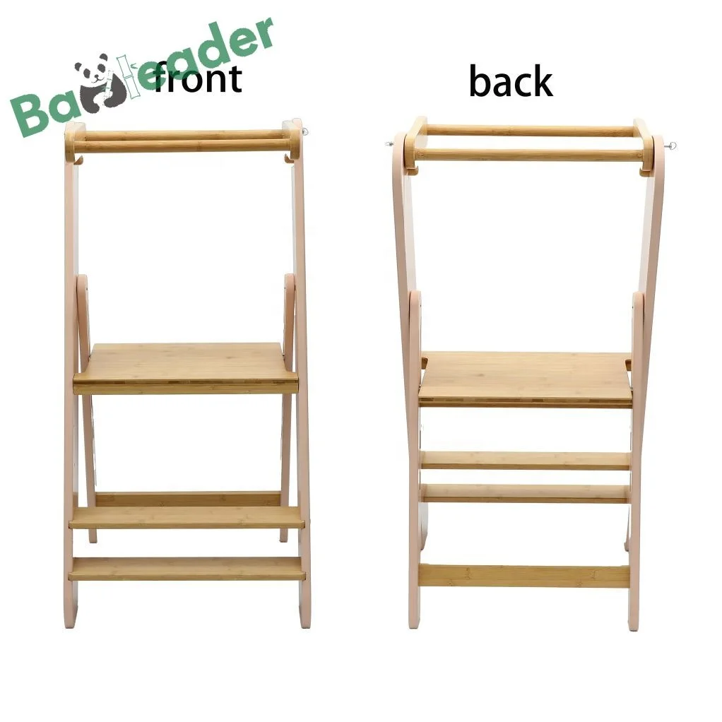 OEM Collapsable Bamboo Wood Child Step Stool Bamboo Montessori Toddler Learning Tower Adjustable Kitchen Bamboo Kids Step Stool