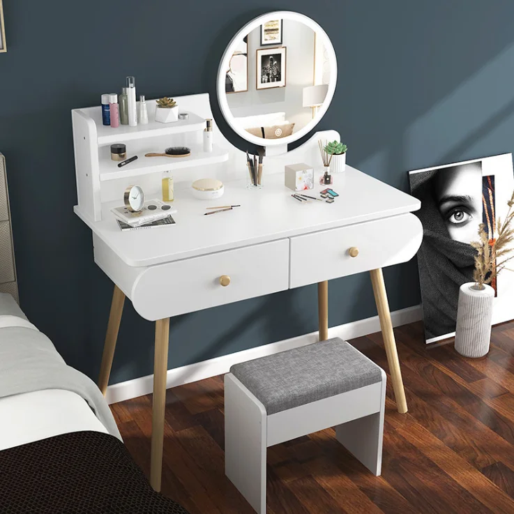 Vanity Set with Mirror, Makeup Vanity Dressing Table Table with Drawers, Padded Stool White