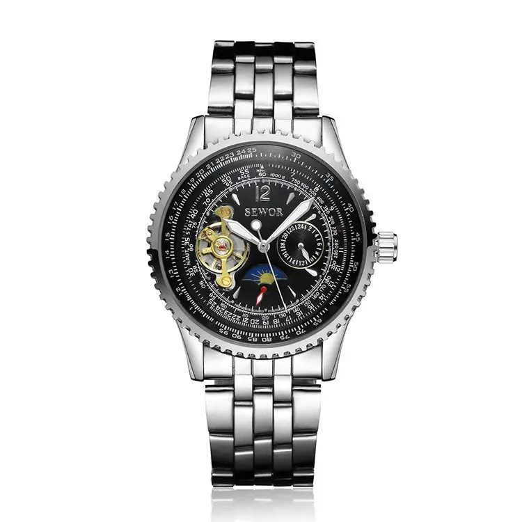 SEWOR 625 Luxury Stylish Men Mechanical Watch Vive Leather Strap Flying Tourbillon Watch Moon Phase 24 Hour Business Wrist Watch