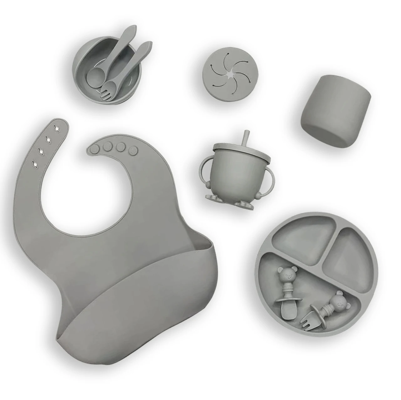 New Arrival Eco-friendly Non-toxic Kids Silicone Tableware Feeding Set Suction Bowl Spoon Set Feeding Bib Baby Silicone Bowl