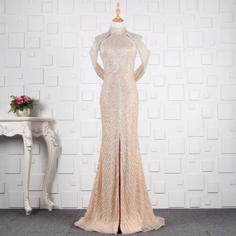 Black/Champagne Color Crystal Front Split Backless 2020 Sexy Evening Dresses Party Gowns