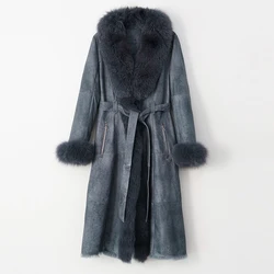 Fashion Luxury Big Real Fox Fur Collar Waist Belt Long Style Genuine Rabbit Skin Double Face Leather Coat With Fur For Ladies