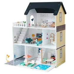 wooden toy DIY dollhouse with colorful dolls furniture children pretend play large doll house