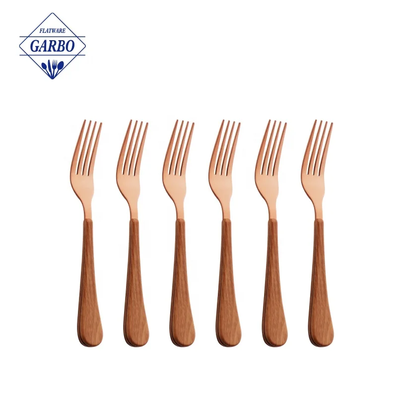 Wholesale Food Grade Rose Gold Stainless Steel Flatware Set Tableware Gold Silverware Cutlery Set With Imitated Wood Handle