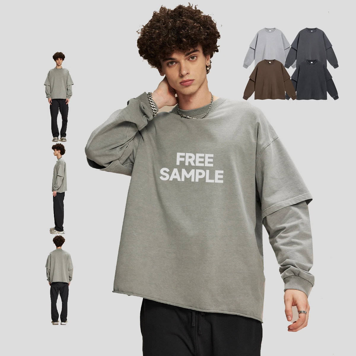 Double layer long sleeve vintage washed t shirt cut raw edge high street blank over size t-shirt cotton washing custom tshirt