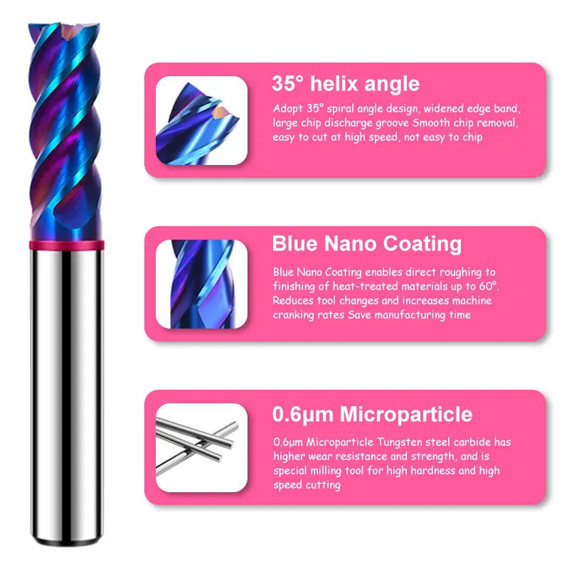Endmills Color-Ring Blue Nano Coating Steel Carbide Flat bottom Milling Cutter For CNC Mechanical