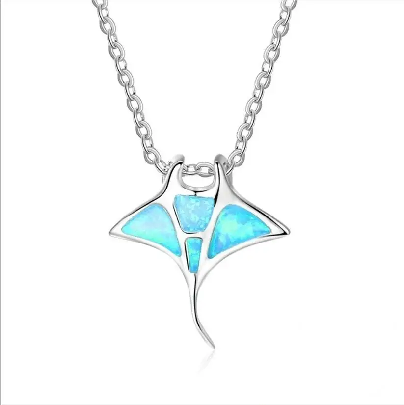 Real white gold plating Manta Ray Pendant Necklace with Australian Opal