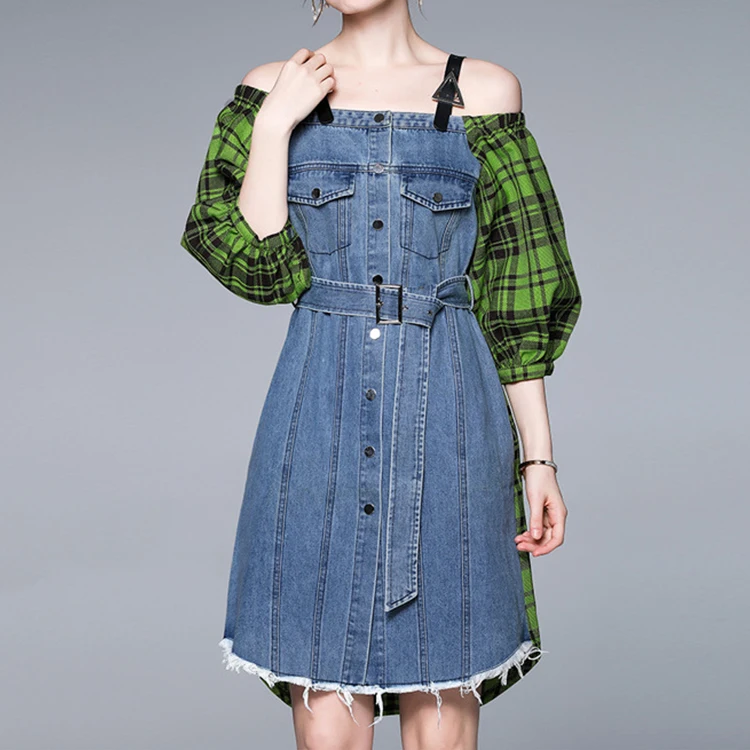 Fashion Summer off shoulder splicing patchwork sewing  washed Casual midi long Denim Jeans  women Dress
