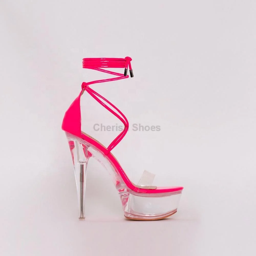 New arrival Sexy ladies patent clear platform heel ankle Sandals lace up pointed toe Transparent stiletto heel Shoes for women