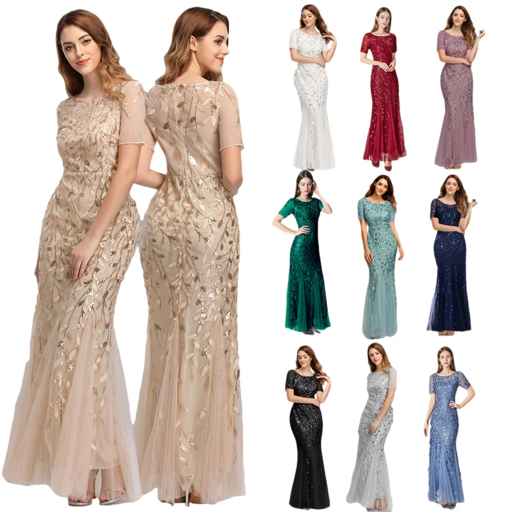 hot sale banquet host European and American slim mesh sequin evening dress fishtail dress female drop shipping fulfill
