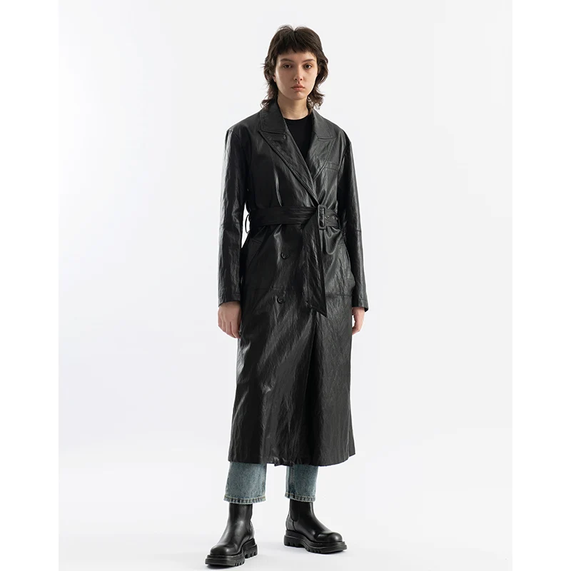 Осень 2021, индивидуальная торговая марка, высококачественное водонепроницаемое пальто в стиле ретро, тренчкот из искусственной кожи, черная длинная роскошная кожаная куртка для женщин