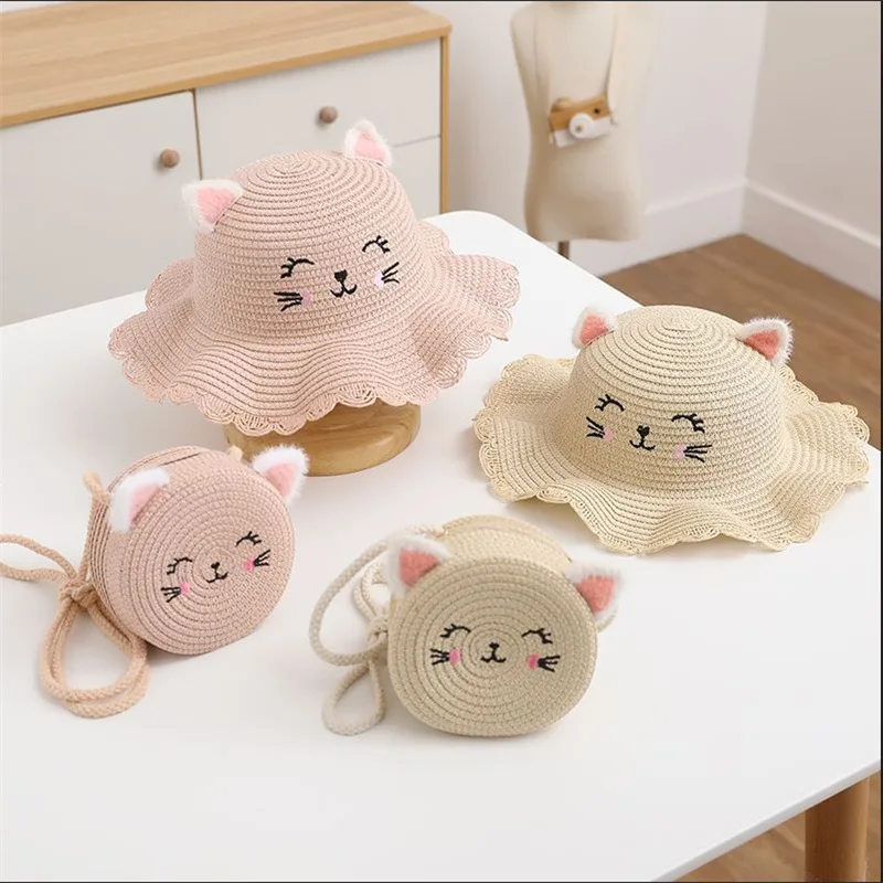 Fashion Cute Outdoor Foldable Wide Brim Grass Hats Kids Summer Beach Straw Sun Hat Wholesale All Bucket Hat and Purse Sets