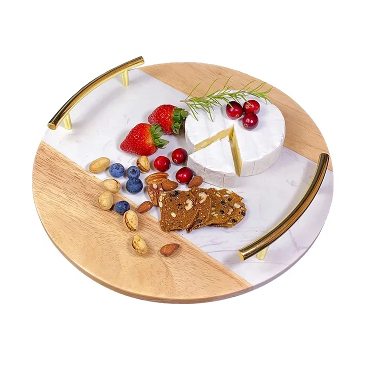 Белая мраморная плитка 12 дюймов, круглая сервировочная доска для сыра, сервировочный поднос из дерева акации для колбасных изделий с золотыми ручками