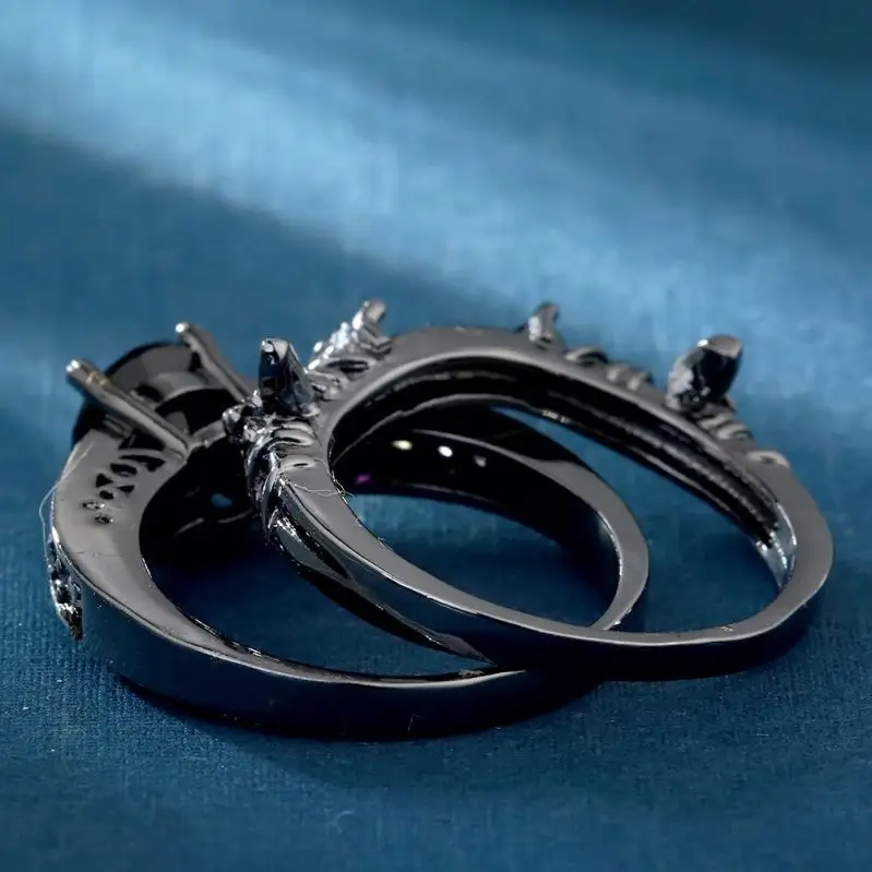 Fashion Jewelry Multiple Diamonds Black Gold Colored Zircon Wedding Ring Set