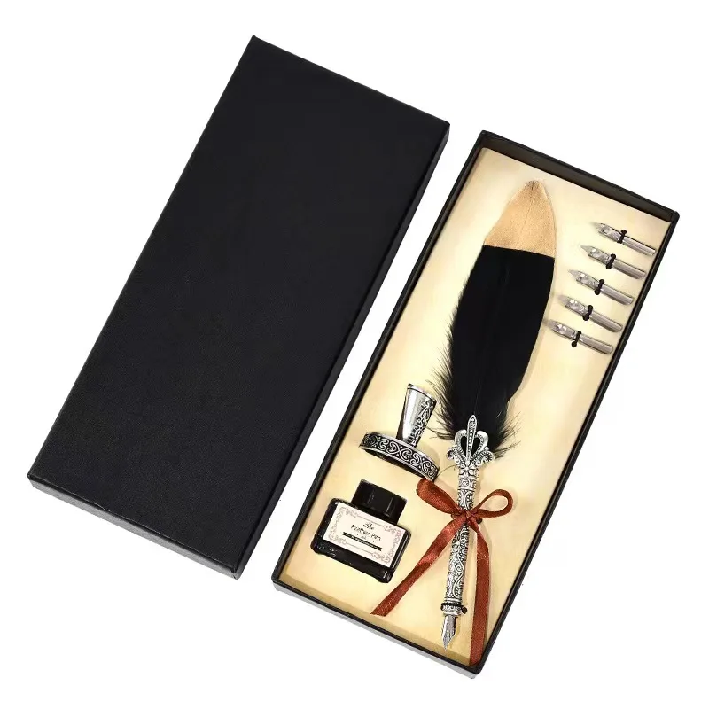 Vintage Feather Set Miter Pen with Ink Engraving Set Pen European Vintage calligraphy dip pen