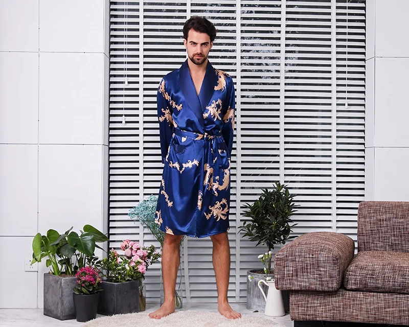 Two piece silk robe set Luxurious satin bathrobe long sleeve Chinese dragon design pajamas for men
