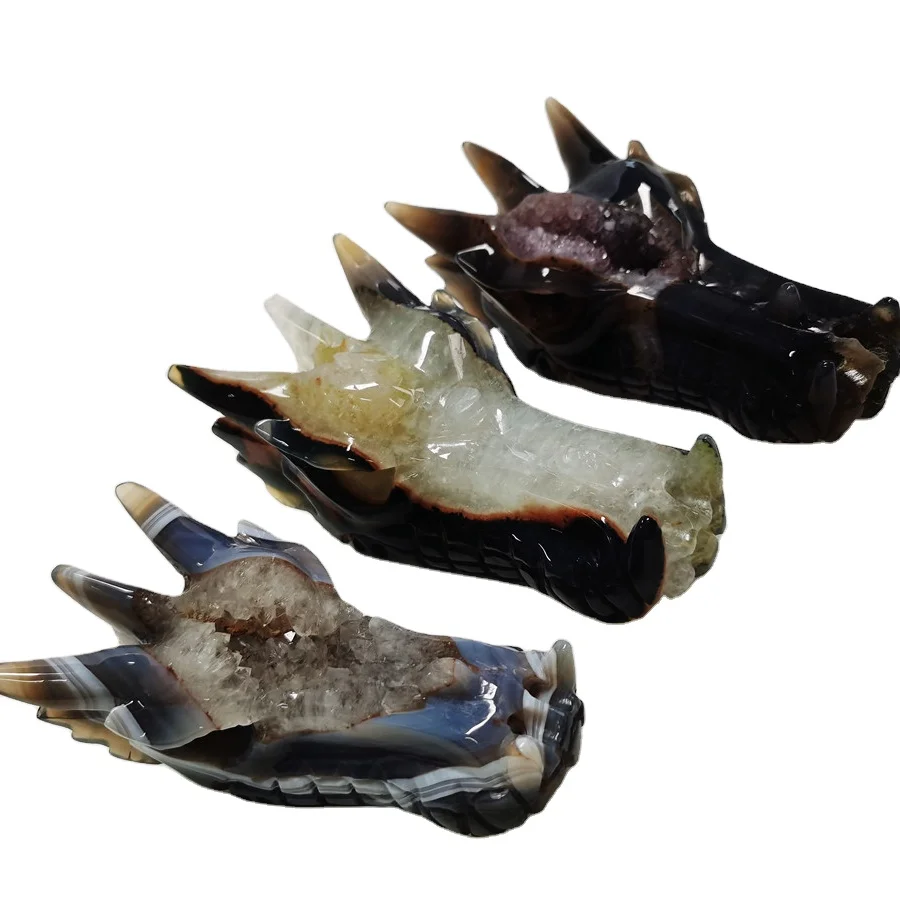 Wholesale Small size Hand Carved Amethyst Agate Druzy Geode Crystal Dragon Cheap Skull for Home Decoration