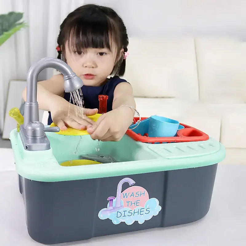 KSF High Quality Kids Children Toys Electric Toys Dish Washer Set Baby Kitchen Washing Sink Circulate Water Faucet Role Play