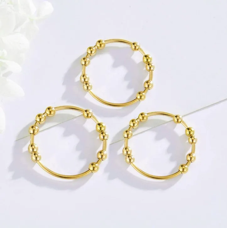 Trendy Jewelry Anti Anxiety Ring Stainless Steel 18k Gold Plated Tiny Beads Fidget Spinner Ring For Women Men