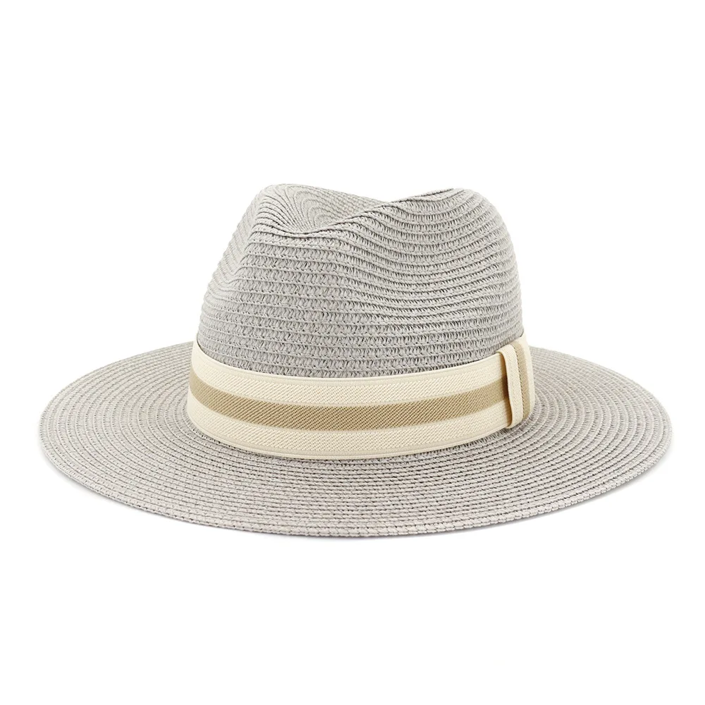 Beach Day Women Men Wide Brim Straw UPF50+ Panama Roll up Hat Fedora Beach Straw Sun Hat with Elastic Band