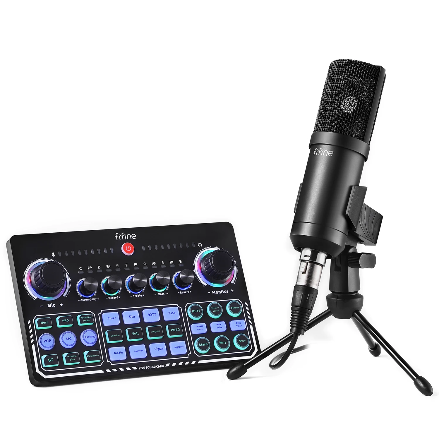 Fifine Professional Sound Card SoundCard with Condenser Studio Microphones Podcast Audio Interface Live Streaming Audio Mixers