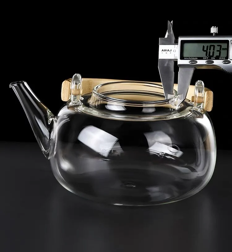 Large Unique Custom Clear 1000ml Borosilicate Heat Resistant Pyrex Handblown Glass Teapot glass tea pot with wood handle
