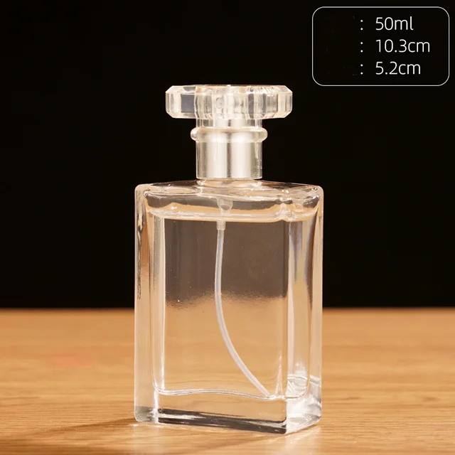 Factory Wholesale Square Round Shoulder Empty Glass Perfume Bottle 50ml Screw Neck Clear Black Sprayer Bottle with Acrylic Cap
