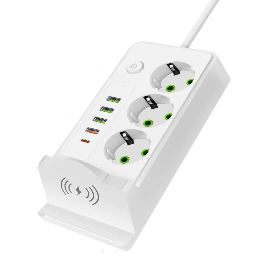 Wireless Charger Extension Socket 3 Way German Plug Adapter Schuko Type C Charging Electrical USB Power Board Outlet