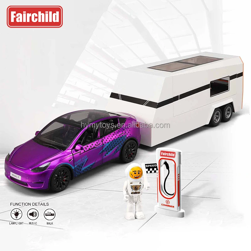 Aliexpress Hot Selling 1:24 Die Cast Car Tesla Model Y Pull Back Die Cast Car Music Light Simulation Tesla with Charging Pile