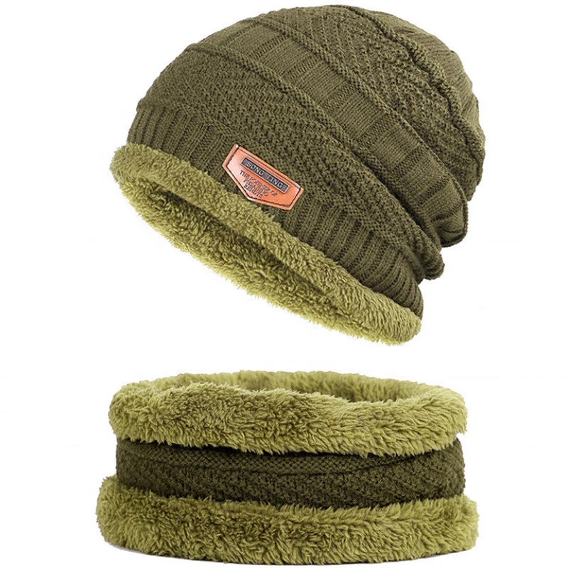 Hot Sale Soft Thicken Wool Ski Hat Women Men Neck Warm Hats Winter Beanie Knitted Scarf Set promotional price