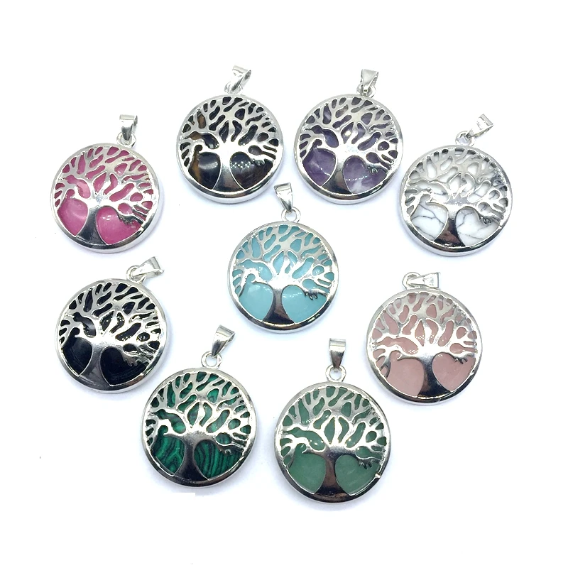 Natural Stone Bead Round coin Pendants Metal Life Tree Charm Drop with Stones Inside  Pendant necklace Wire Cord Jewelry
