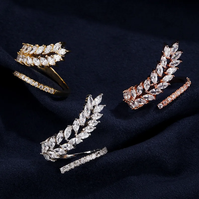 Fashion personality creative leaf ladies multi color opening adjustable inlaid 3A zircon Ring