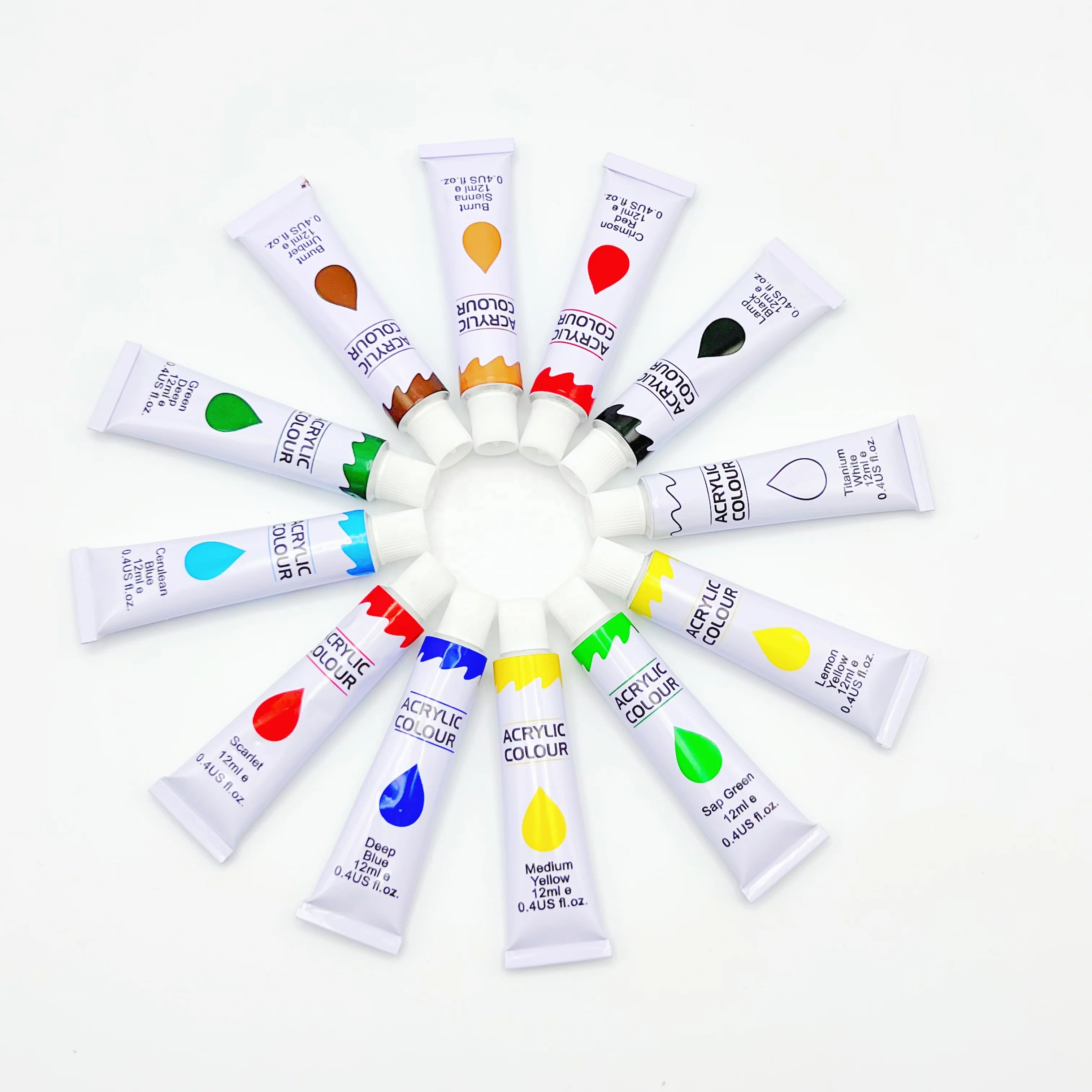 12 Colors 12ml Acrylic Paint Set Plastic Tube Paint for Kids on Canvas Glass Paper