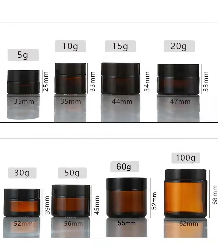 5g 10g 15g 20g 30g 50g 60g 100g raw material amber color glass jar with gasket and shiny black lid for face and eye cream
